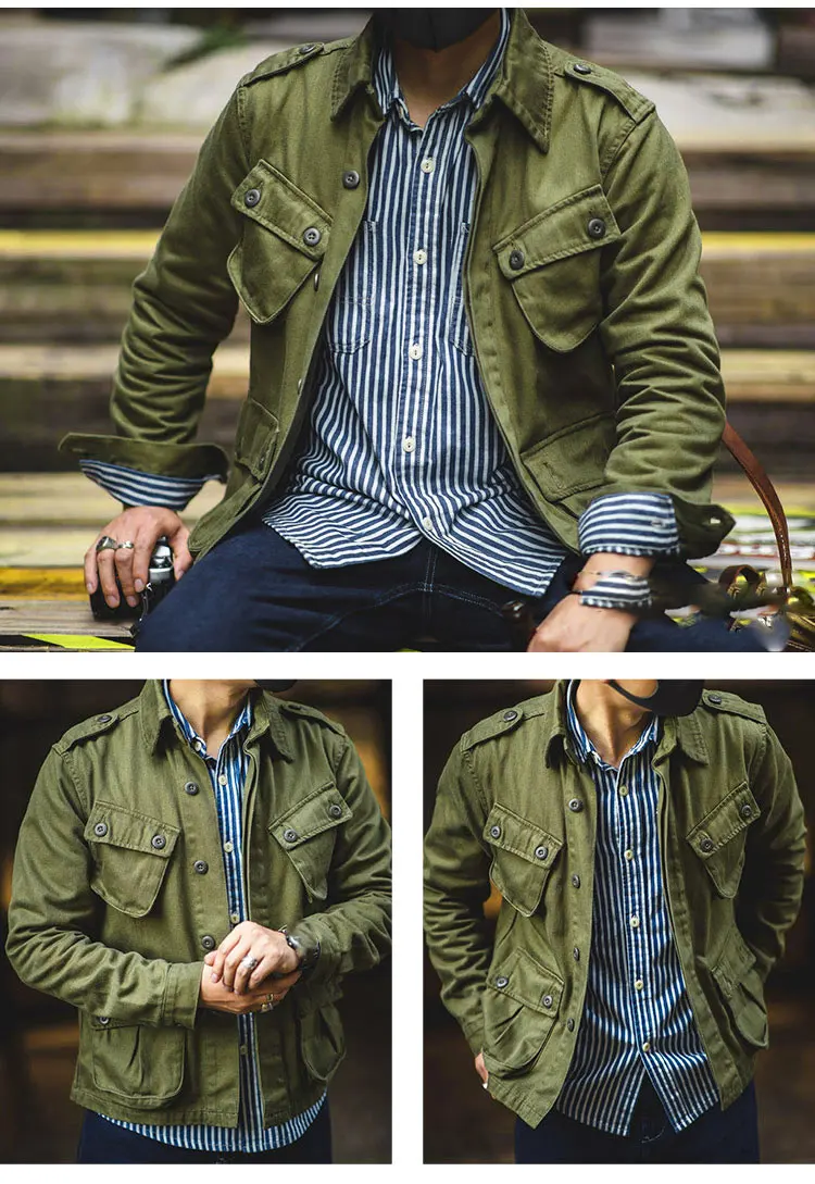 سترة عمال كلاسيكية ثقيلة الوزن مغسولة للرجال 100% قطن متعدد الجيوب بأكمام طويلة قميص خريفي عصري على طراز سفاري معطف علوي