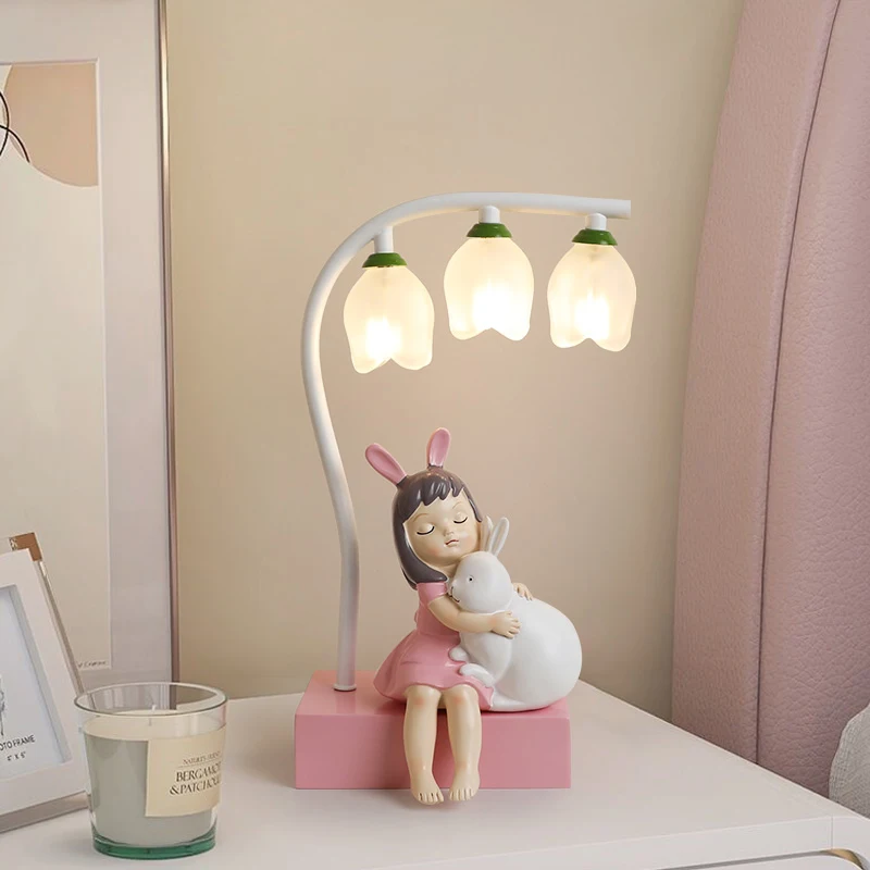 

Rabbit Girl Table Lamps for Children's Room Bedroom Flower Desk Lamp Bedside Led Night Light Pink Princess Stand Light Fixtures