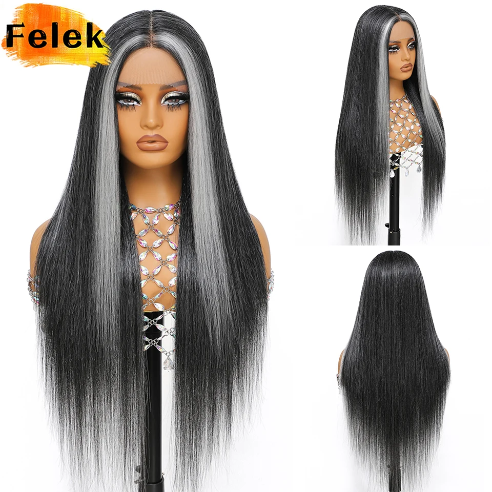 

Highlight Black Grey Straight 13x6 Synthetic Lace Frontal Wigs For Women 30 Inch High Quality Straight Lace Wigs Long Afro Wigs