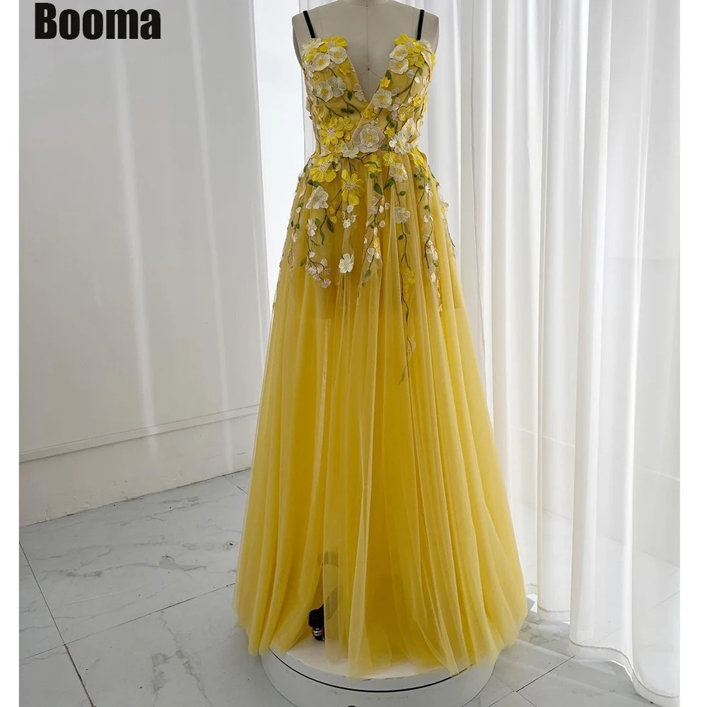 

Booma Fairy Floral Prom Dresses Spaghetti Straps V-Neck Tulle Evening Party Dresses Flowers A-Line Lace up Long Formal Gowns