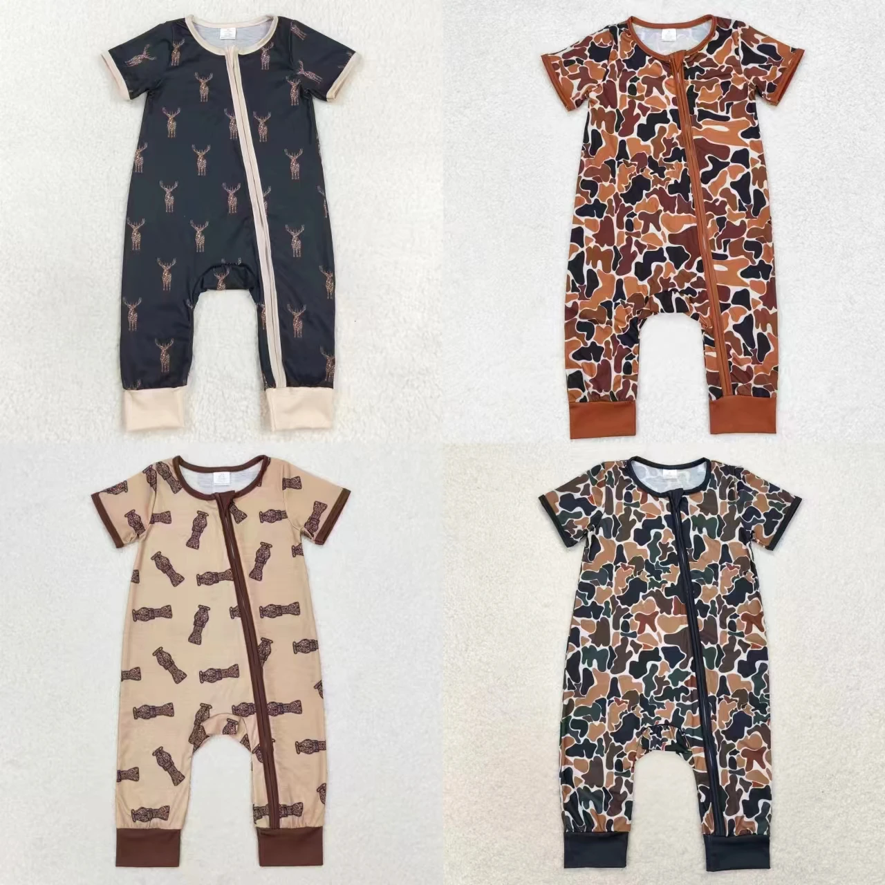 Wholesale Toddler Newborn Summer Short Sleeves Tools Bodysuit Baby Boy Camo Deer Romper Infant Kids Children Zipper One Piece