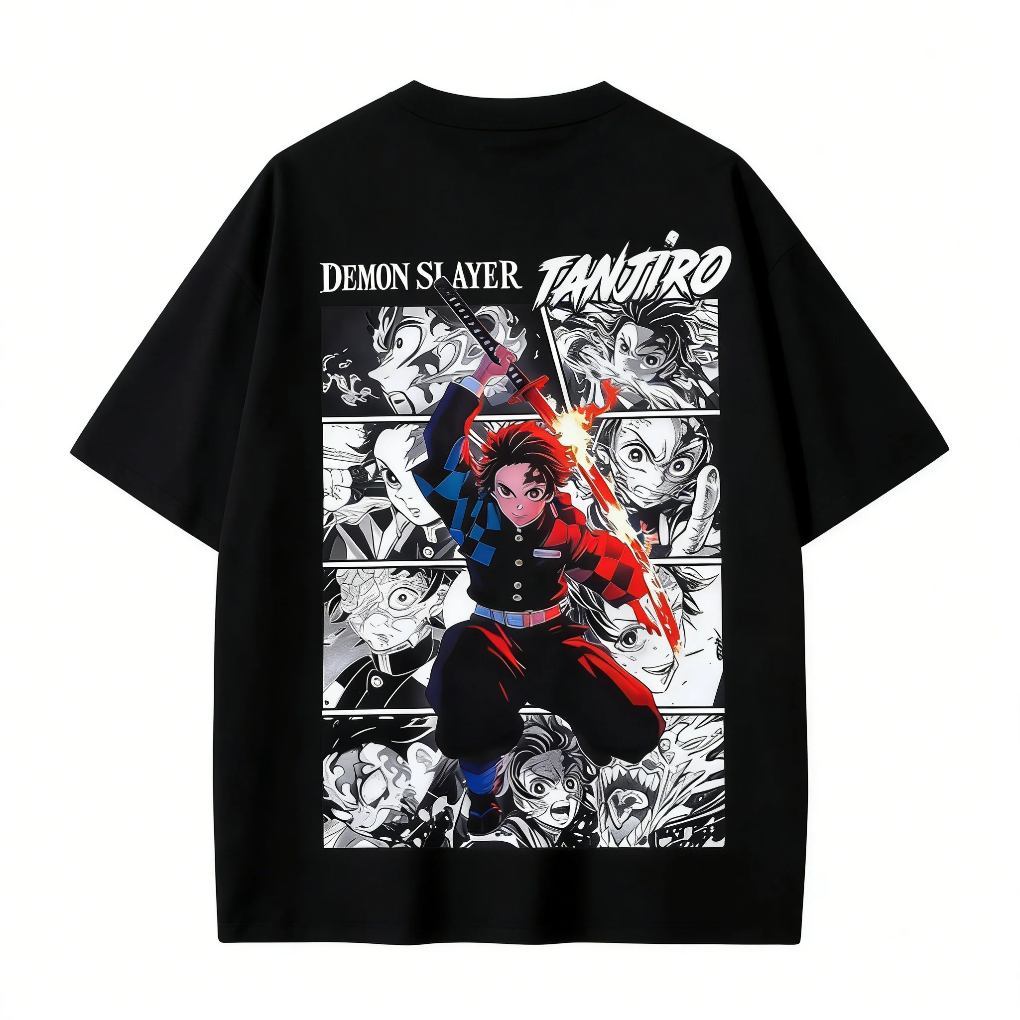 Camiseta de Anime Demon Slayer para Hombre, Diseño Gráfico de Tanjiro Kamado en la Parte Delantera, Estampado de Sombra en la Parte Trasera, Camiseta de Algodón para Uso Diario Casual, Estilo Otaku