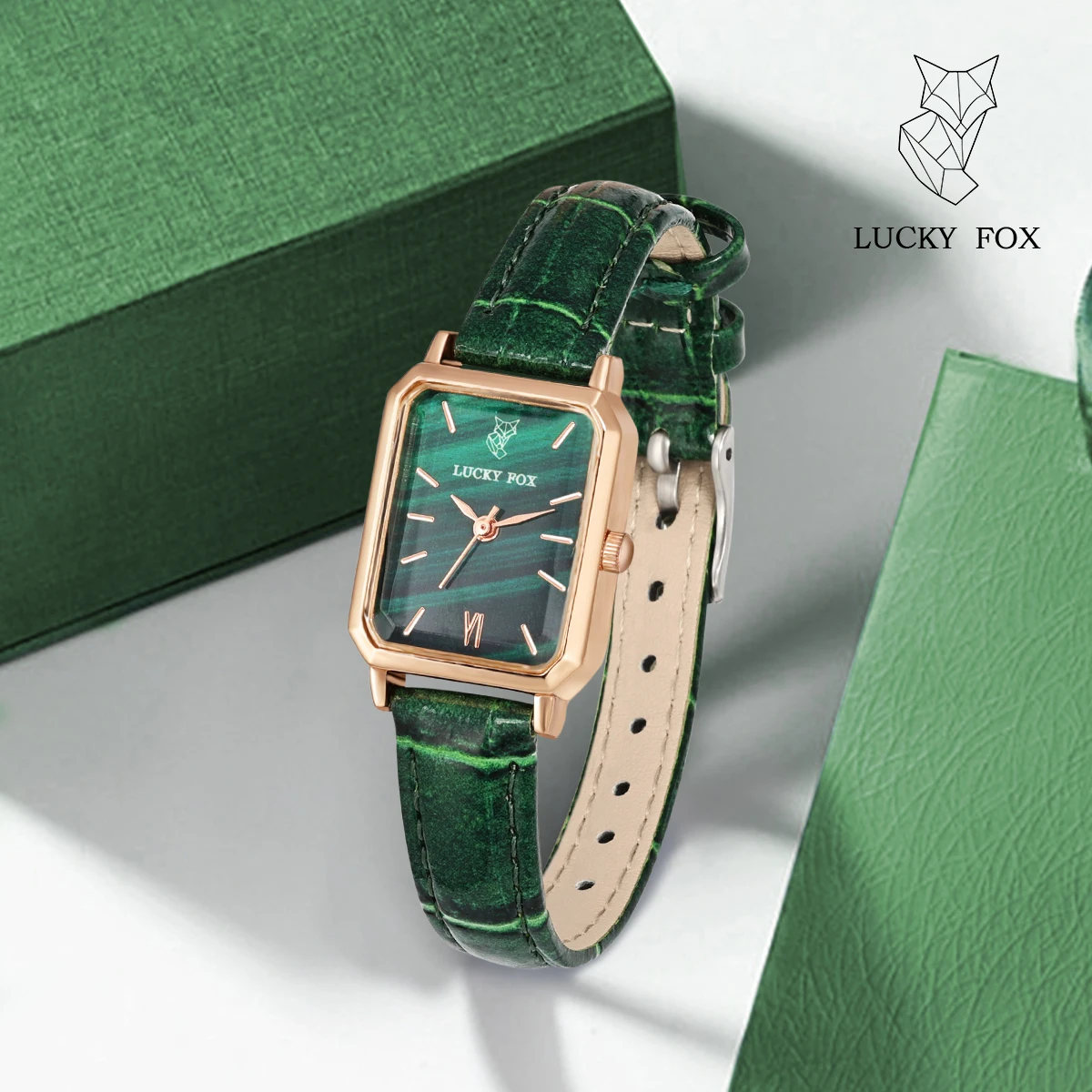 LUCKY FOX Women Watches Fashion Green Square Leather Quartz Watch Luxury Ladies Wristwatch Girlfriend Gift