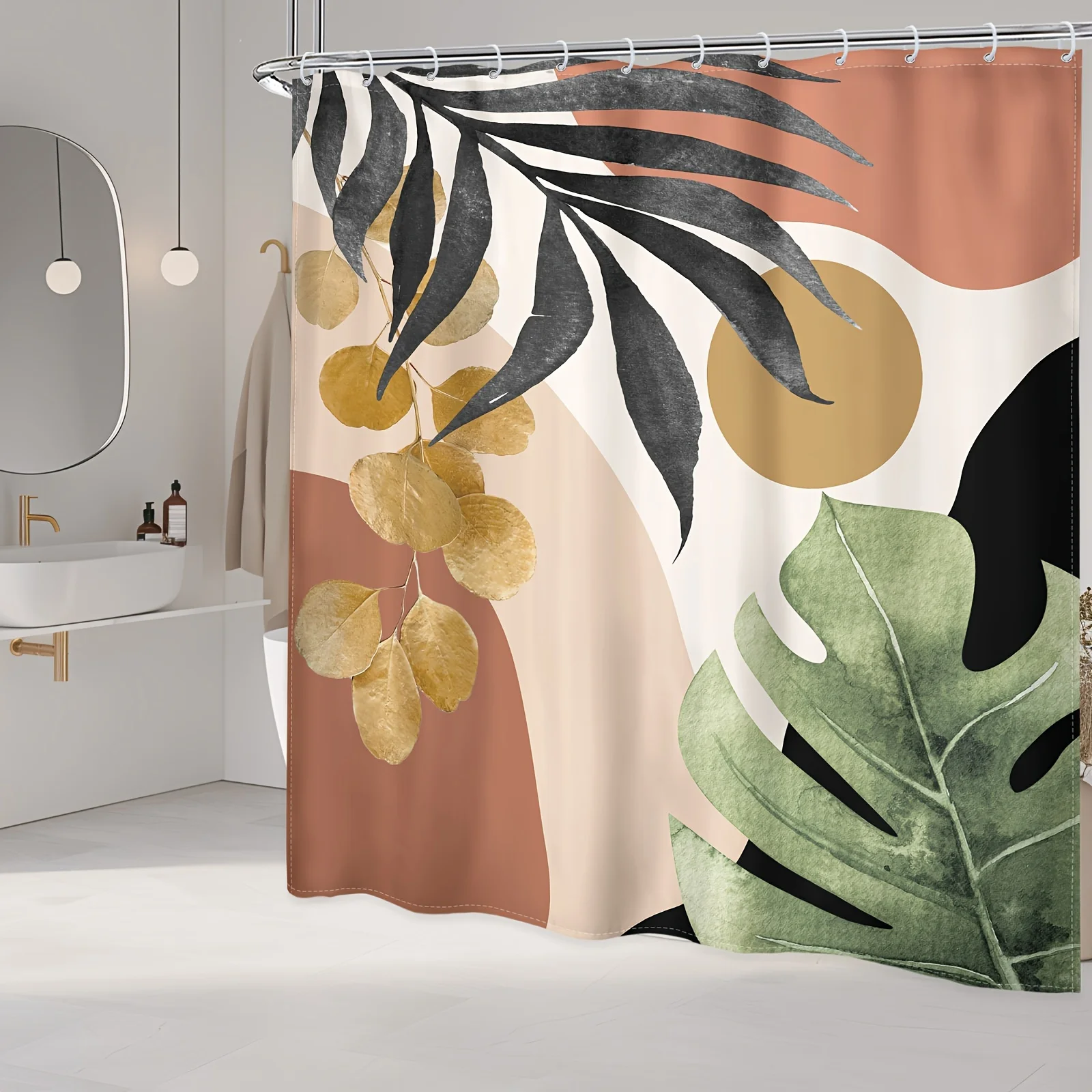 

Элегантная водонепроницаемая занавеска для душа с тропическими листьями и абстрактными фигурами — идеально подходит для добавления современного и в стиле природы