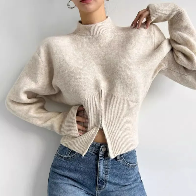 سترة محبوكة بأكمام طويلة ومتعددة الاستخدامات لخريف وشتاء 2025 للنساء