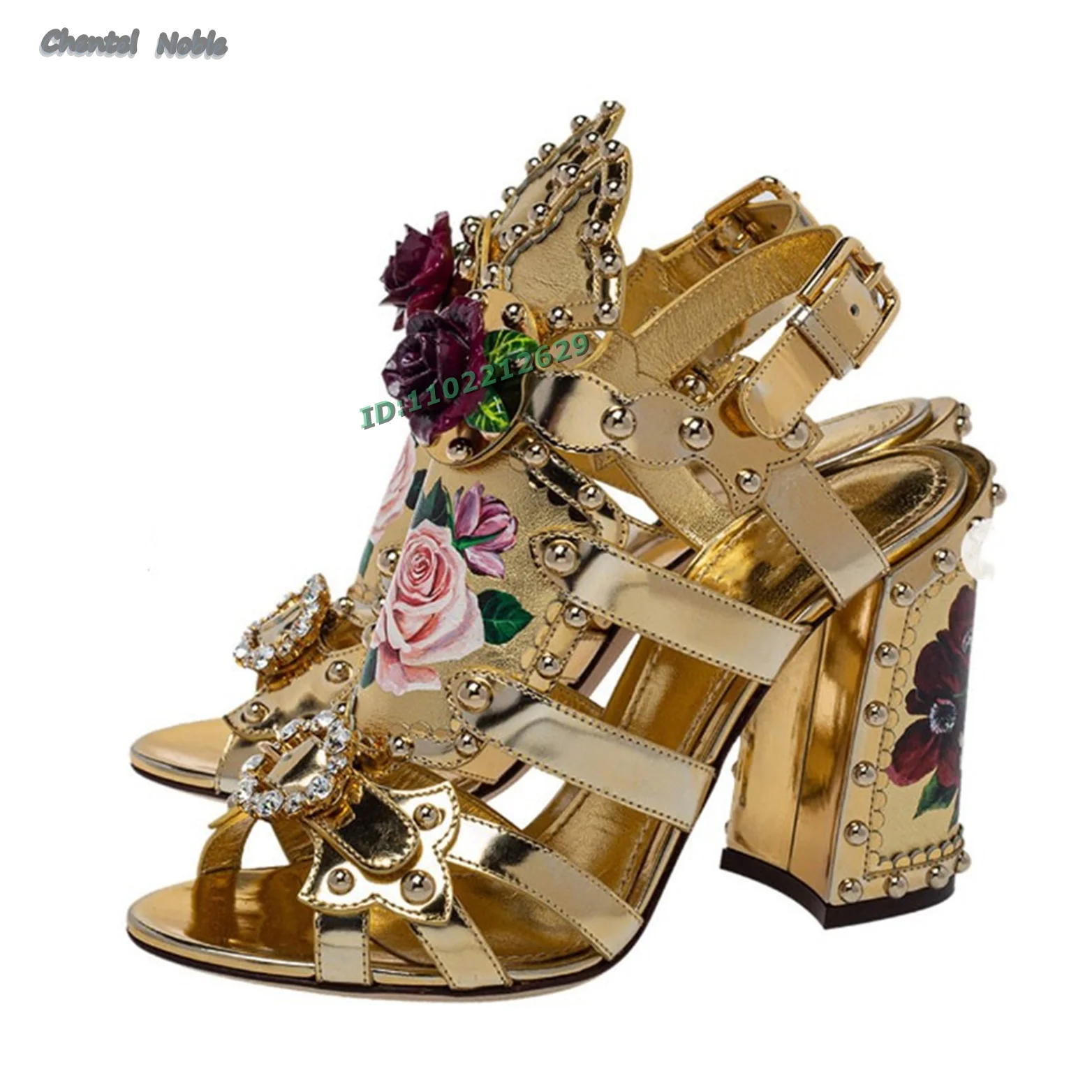 Flowers Print Square High Heels Sandals Round Peep Toe Luxury Design Retro Ankle Strap Buckle Women Shoes Stilettos 2024 New