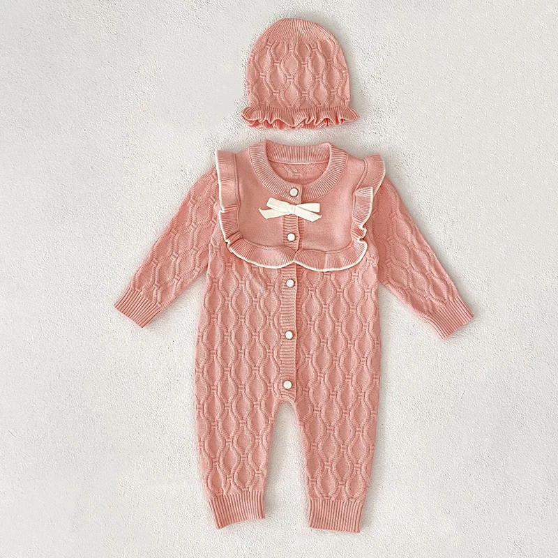 جديد خريف 2025 0-24 متر ملابس الأطفال المحبوكة الرضع طفل الفتيات محبوك بذلة + قبعة طفل رضيع فتاة محبوك رومبير
