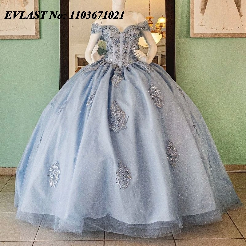 Evlast funkelnd blau Quinnce anera Kleid Ballkleid glänzende Spitze Applikation Perlen Mexiko Korsett süß 16 Vestidos de 15 Anos sq625