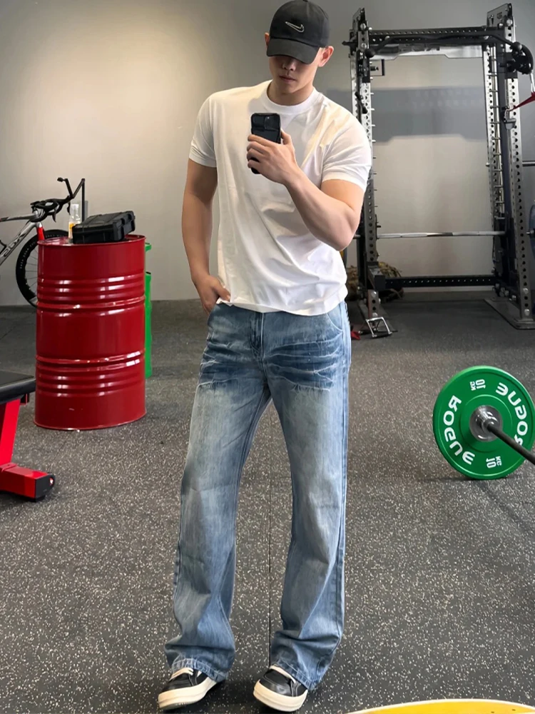 

Мужские джинсы Waed светло-голубого цвета, прямые, слегка расклешенные, в американском стиле, с дизайнерским акцентом, для уличной моды