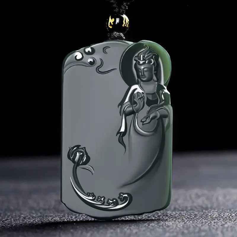 

Natural He Tian Cyan Jade Hand Carved Guan Yin Necklace Pendant Fashion Ladies Boutique Holiday Gift