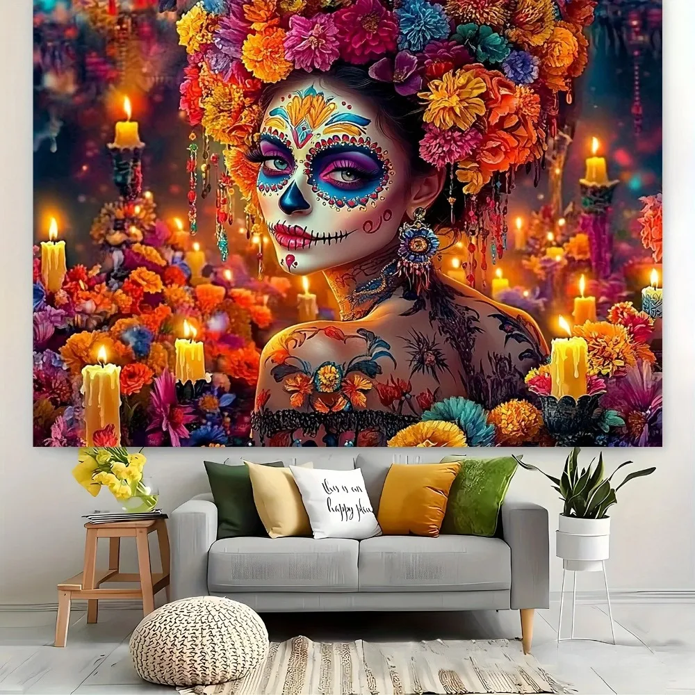 Tag der Toten Party Kulissen Totenkopf und Blumen Kaktus Bunte Kerzen Dekor Banner Fotografie Hintergrund Requisiten – Detail 3