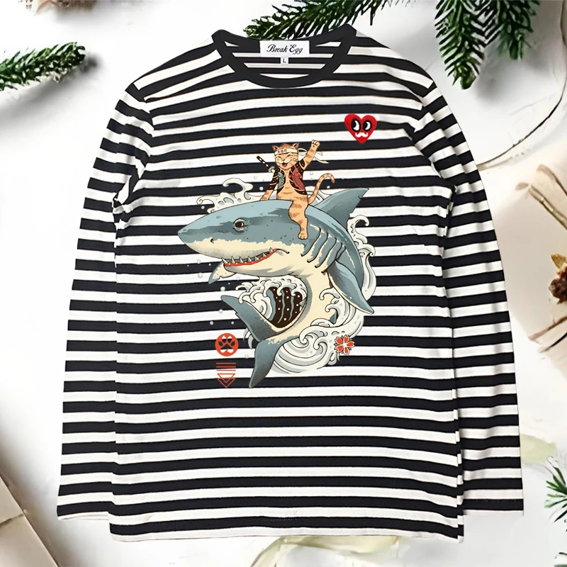 

Женская полосатая футболка с забавным котом в стиле Харадзюку в стиле аниме, хлопковая женская футболка с длинными рукавами и красными глазами, борода, сердце, вышивка с круглым вырезом