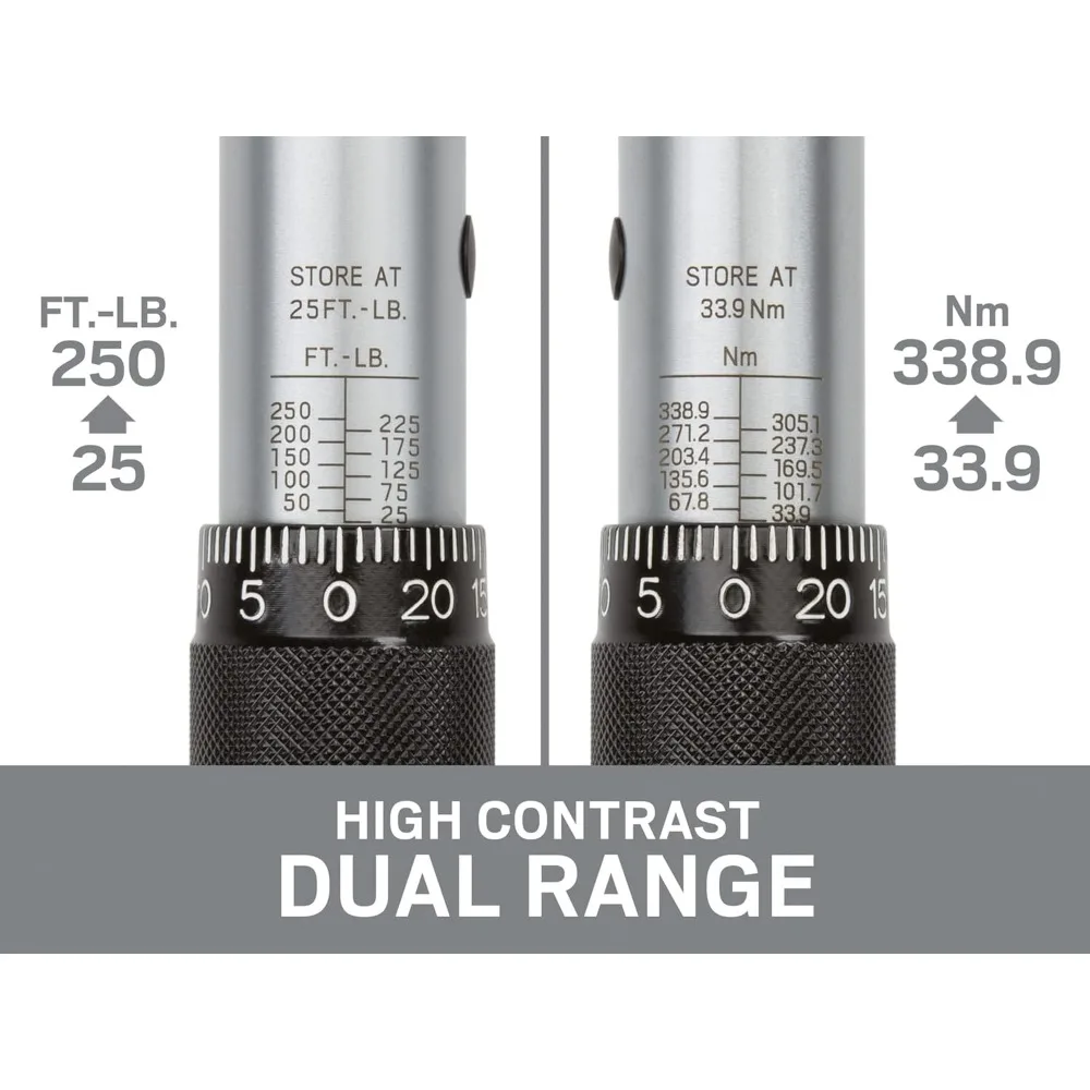 Llave dinamométrica micrométrica de precisión con accionamiento de media pulgada, capacidad de 25 a 250 libras