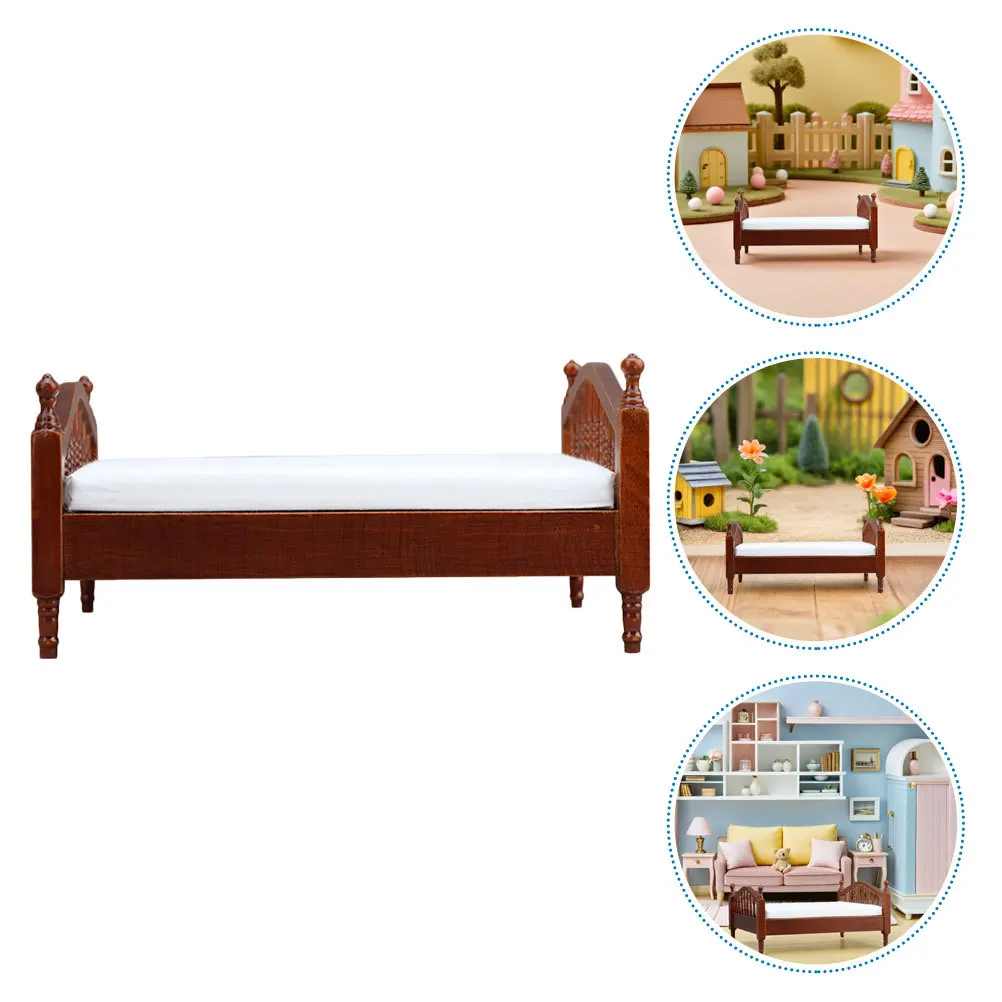 

Мини-двуспальная кровать для кукольного домика: винтажный набор деревянной мебели, белая простыня, прочный миниатюрный декор для спальни, ролевые игры, ролевые игры
