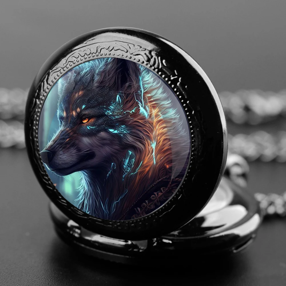 Exquisite Sacred Beast Wolf Glass Dome Quartz Pocket Watch Necklace Pendant Gifts For Women Man with Fob Chain