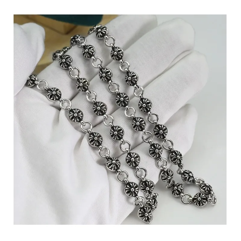 

Retro and Old Thai Silver Cross Flower Necklace, The Same Hip-hop Trend Sweater Chain for Men and Women