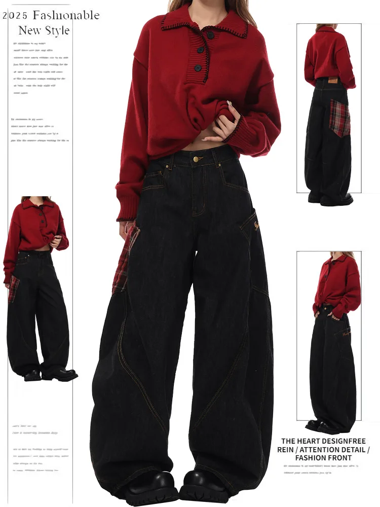 

Retro American Plaid Splicing Knife Jeans Women's High Waist Straight Leg Wide Leg Pants Spring Design Large ket
