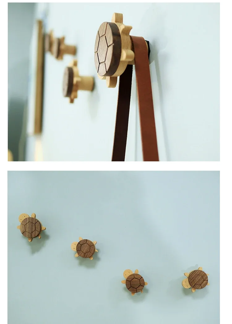 Household Solid Wood Hook Kitchen Item Wall Hook Hanger Punch Creative Animal Turtle Decorative Hooks Coat Rack Home Storage