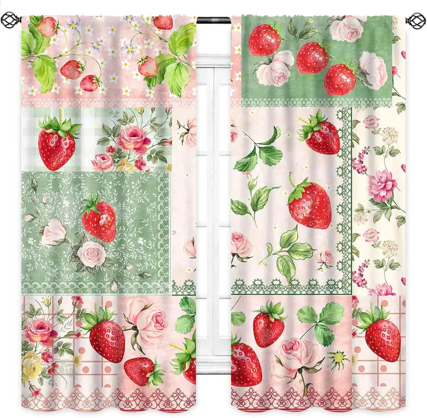 Pink Green Patchwork Strawberry Rose Lace Blackout Rod Pocket Curtain Plaid Floral Splicing Sweet Decor Girls Homestay Bedroom