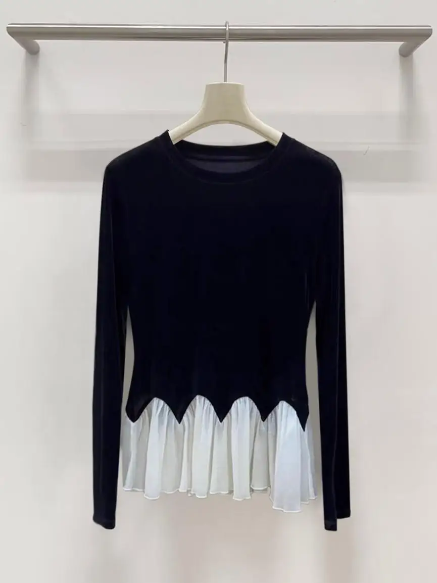 

Velvet Long Sve round Ne T-irt with Lace Trim Ele Lady Sle Single Piece High-End Feeling Cotton Knitted Casual Top