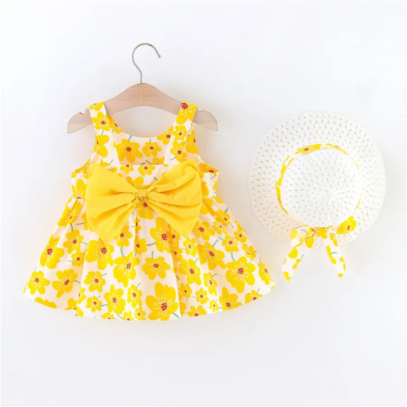 Baby Girl Summer Cotton Floral Print Bow Strap Dress Girls Korean Version Fashionable And Sweet Beach Dress With Hat