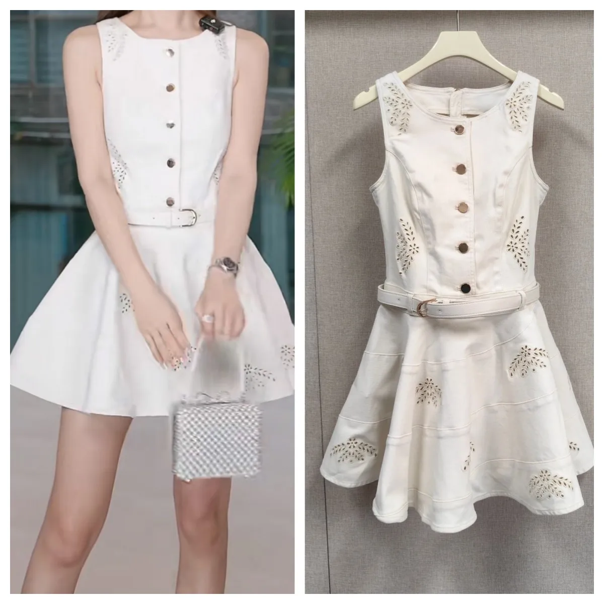 

26 Spring/Summer Women's O-Neck Denim Dress Adjustable Belt Embroidered Hollow out A-Line Sleeveless Short Robe