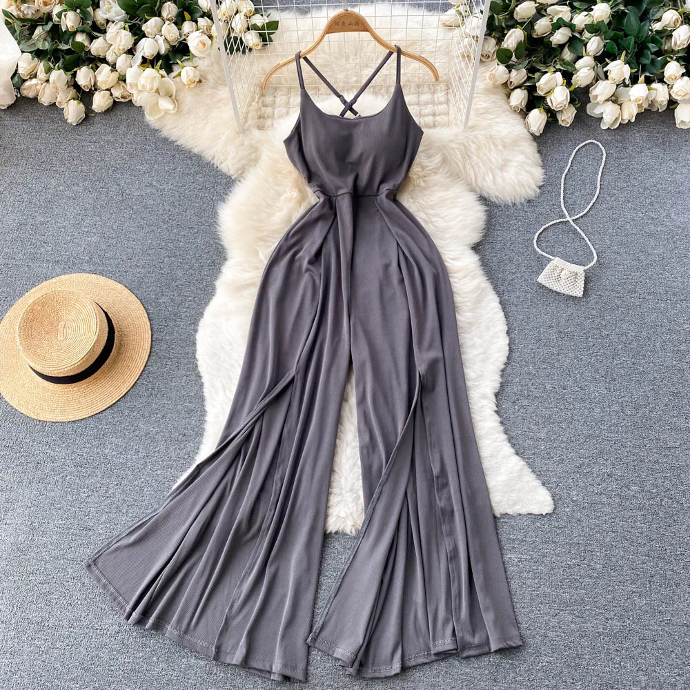 Chic Vintage slim backless slip Top Jumpsuit Elegant High Waist pleated split Wide Leg Pants Summer Women Playsuit