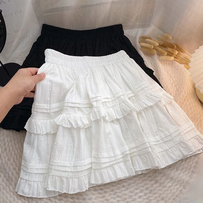 Sweet Cute Lace Mini Skirt Women Kawaii White Ruffles Pleated Short Skirts Woman 2025 Summer Korean High Waist A Line Skirts