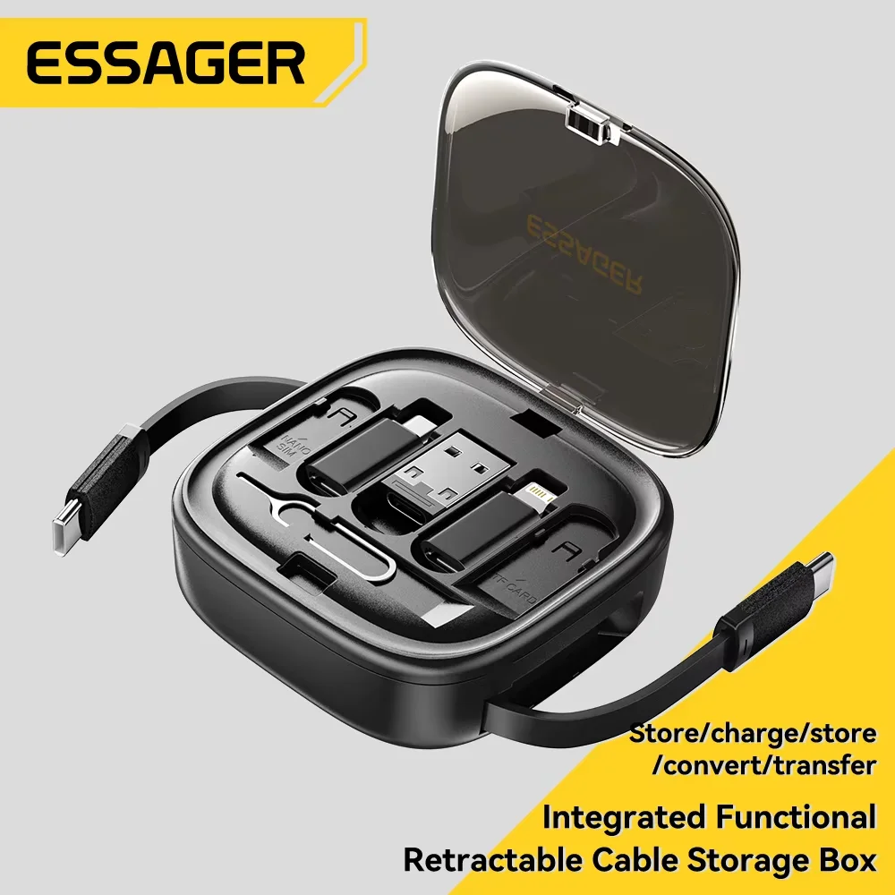 Essager 60W carga rápida USB A/C a TypeC Micro Cable Lightning Mini caja de almacenamiento de viaje multifuncional con juego de pines de soporte para teléfono
