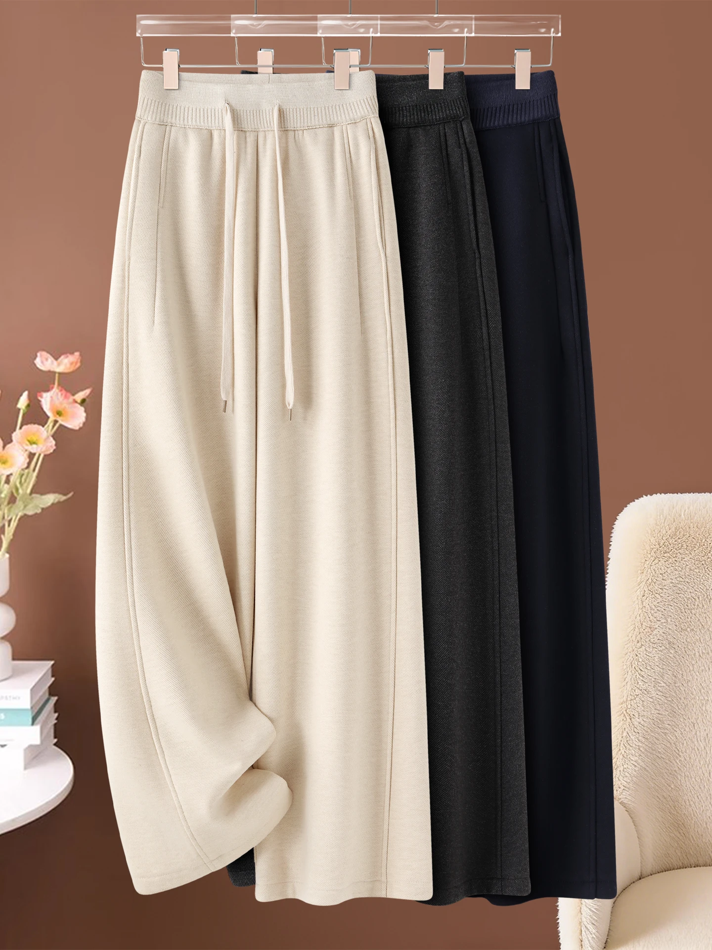 

Утепленные флисовые брюки с широкими штанинами для женщин, осенне-зимние, с высокой талией, свободные, повседневные, прямые, из роскошной шерсти