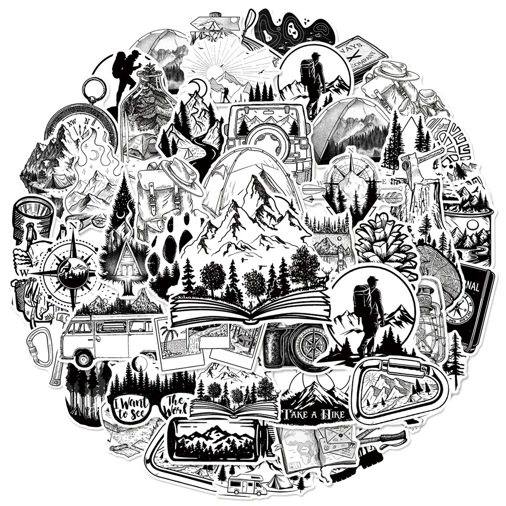 10/30/50 Stück Schwarz-Weiße Outdoor-Wander- und Camping-Aufkleber Wildes Wald-Abenteuer-Sticker Skateboard Handy Gepäck Graffiti-Aufkleber