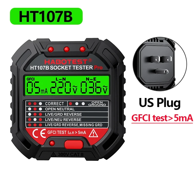 HT106/HT107 Digitale Outlet Socket Detector Spanningstest Socket Testers US/UK/EU Plug Ground Zero Line Fasecontrole RCD NCV Tester - afbeelding 1