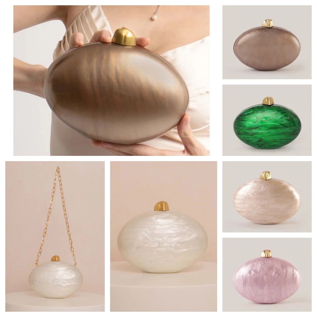 

Pearl Brown Green Oval Brand New Female Acrylic Egg Shape Clutch Bag Women Designer Evening Party Cute Purse Shell Handbag