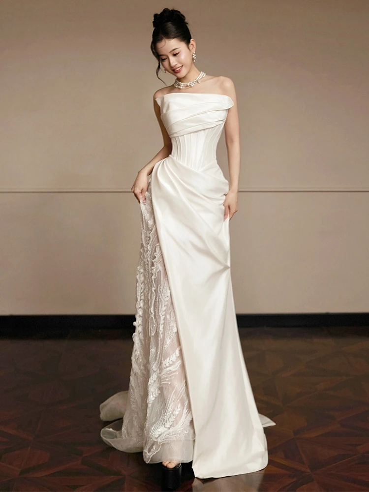 

Элегантное атласное свадебное платье без бретелек с кружевом, легкое, белое, фасон «русалка», с длинной юбкой, без рукавов, для гостей