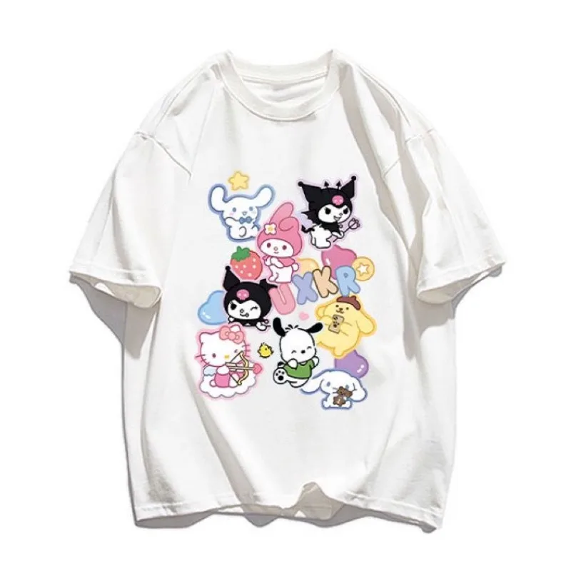 Sanrio Kuromi Short Sleeved Y2k Tops Harajuku Loose O-Neck Hello Kitty Printed Oversized Graphic T Shirts 2024 Summer New 2000s