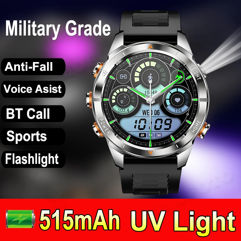 

Men Women Outdoor Sports Smartwatch 515mAh LED Flashlight UV Light Military Anti-drop Watches BT Call Health Tracker Smart Watch