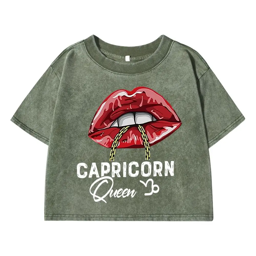 Capricorn Funny Printing Female Washed Short T Shirts Hip Hop Breathable T-Shirt Street Summer Clothes Fashion Distress Tshirts