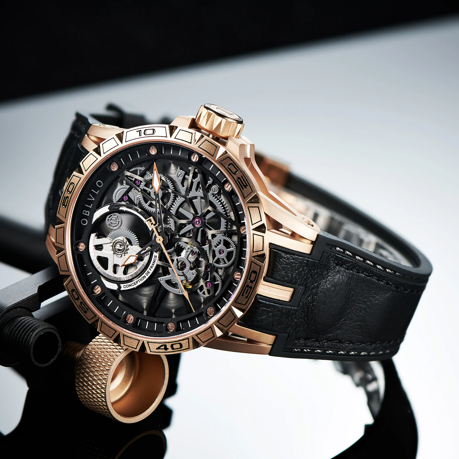 OBLVLO Sport Skeleton Automatic Mechanical Watches for Men Self-Wind Rubber Strap Sapphire Waterproof Rose Gold Clock LM