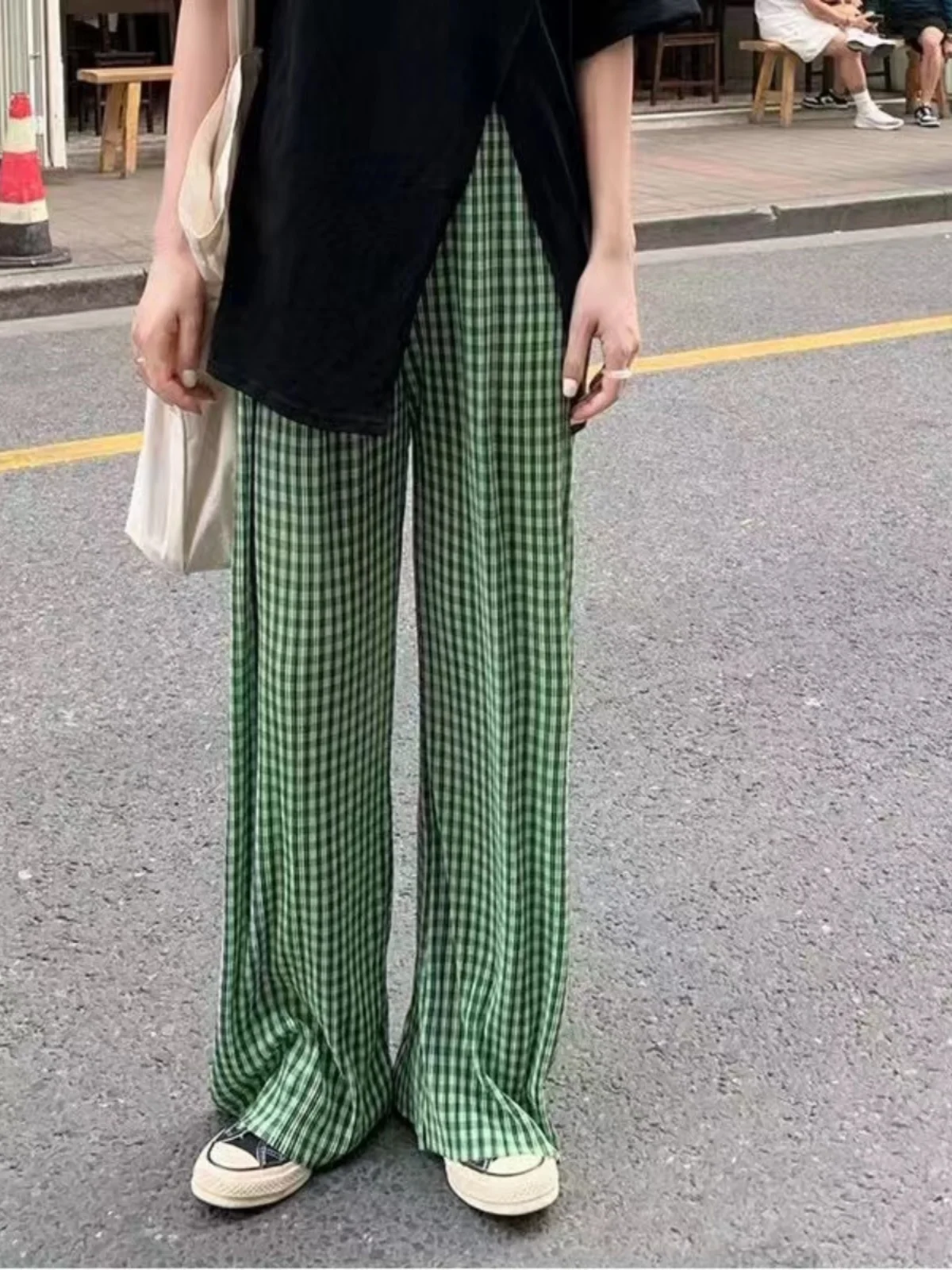 Lake een Ice Zijde Geruite Broek Dames Zomer Dunne Hoge Taille Gedrapeerde Zonwering Cool Rechte Casual Broek