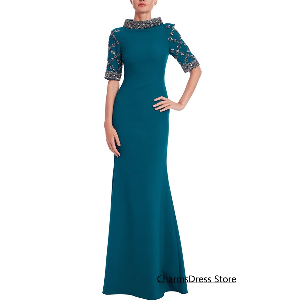 Türkisblaues Meerjungfrau-Abendkleid, maßgeschneidert, Stehkragen, halbe Ärmel, Perlenstickerei, bodenlang, Festzug-Abschlussballkleid, Partykleider