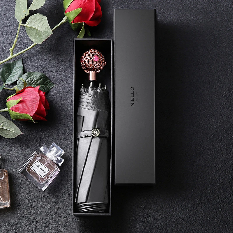 1pcs Vintage High-grade Gift Box Red Women Manual Folding Umbrella Thickened Black Rubber Coating Three-folding Sun Umbrella