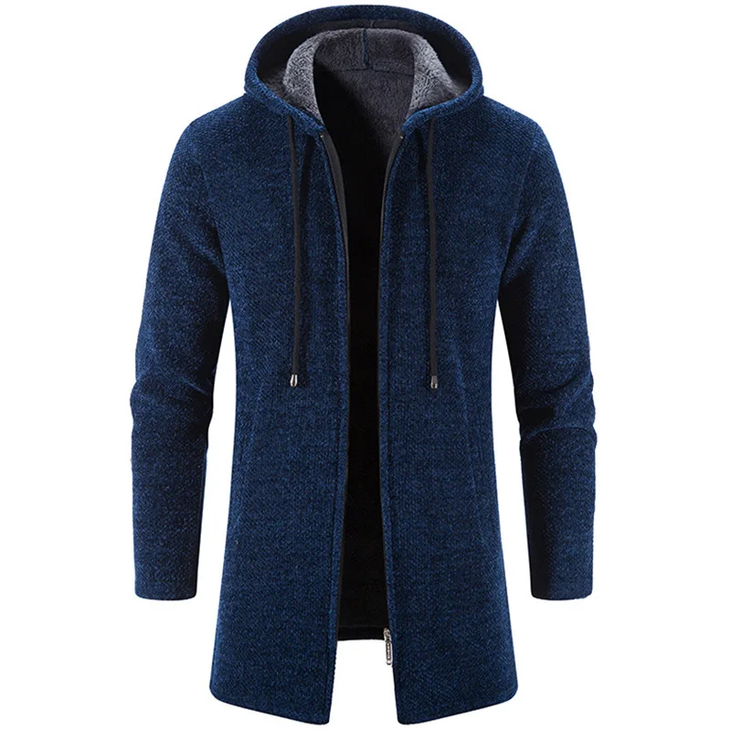 Men's Winter Thick Fleece Cardigan Solid Fashion Hooded Long Sweaterscoat Casual Warm Knitting Cardigan Outerwear Coats