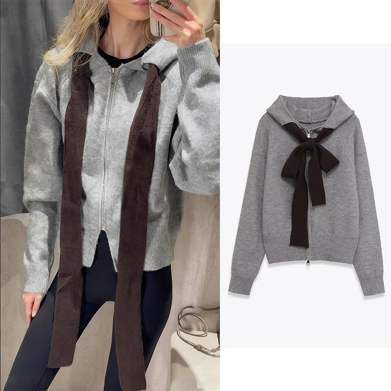 

Женский вязаный кардиган на молнии с капюшоном CharmChant и бантом, уютные свитера, трикотаж, топ, женская верхняя одежда с длинными рукавами, осень 2025 г.