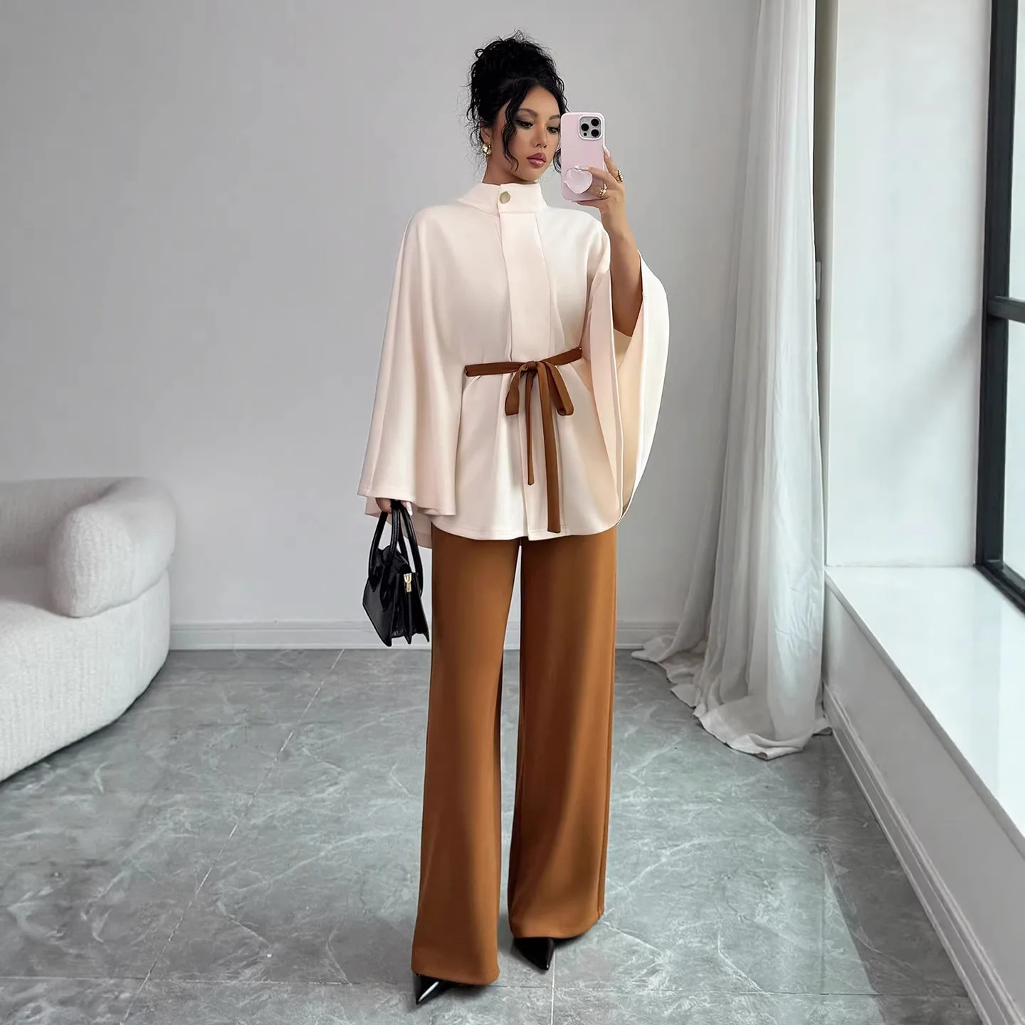 2026 Women's Versatile Stand Up Collar Trumpet Sleeve Waist Strap Short Coat