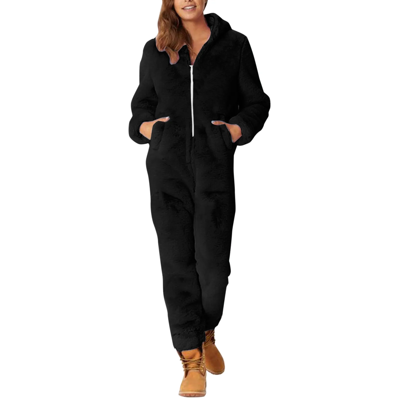 Women\'s Plush Romper Onesies Autumn Winter Flannel Pajamas Sleepwear Zipper Hooded Keep Warm Fluffy Fleece Jumpsuits Homewear