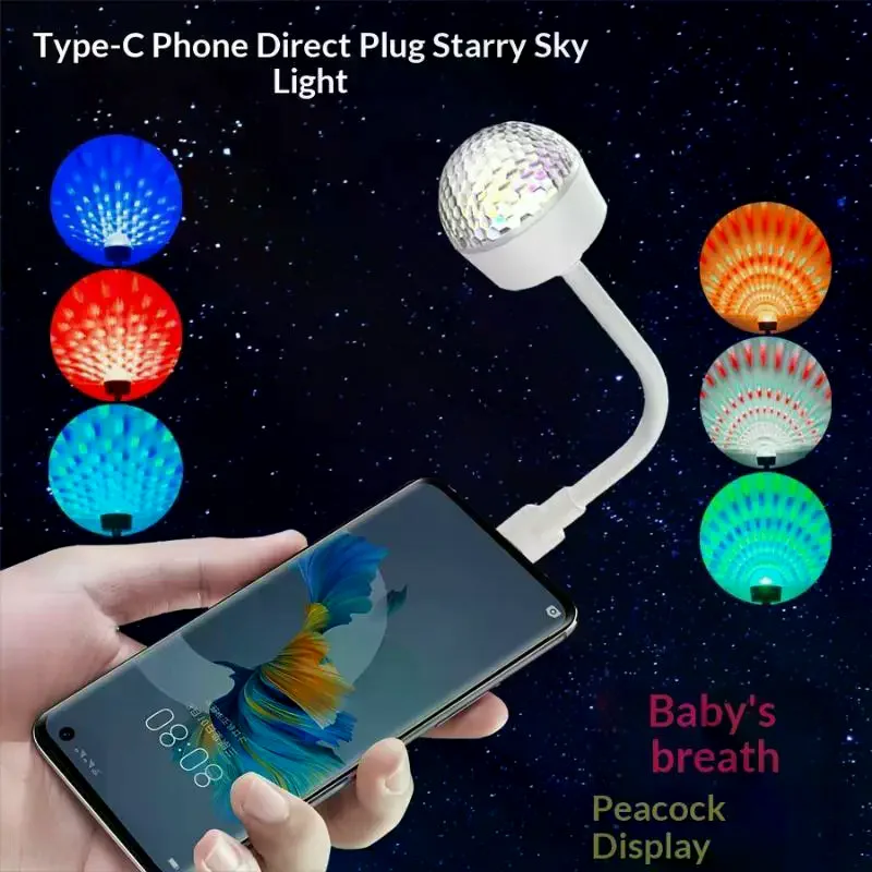 USB Type C Starry Ambient Light RGB Colorful Effect Flexible Neck For Car Home Party Mobile Use