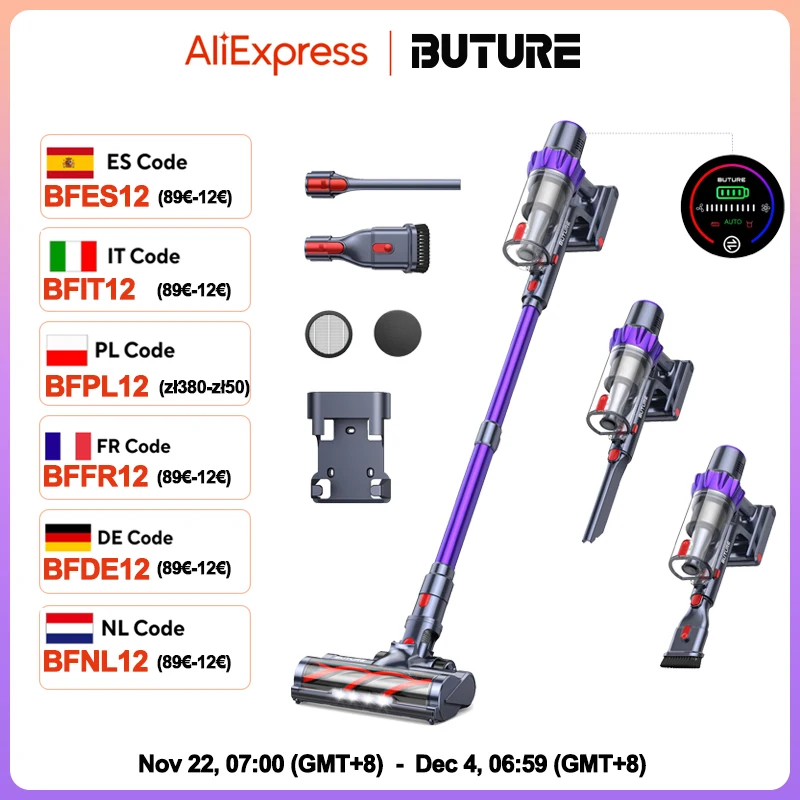 BUTURE 38Kpa 450W Handheld Cordless Vacuum Cleaner Automatically Adjust Suction 1.5L Dust Cup for Pet Hair/Carpet/Hard Floor