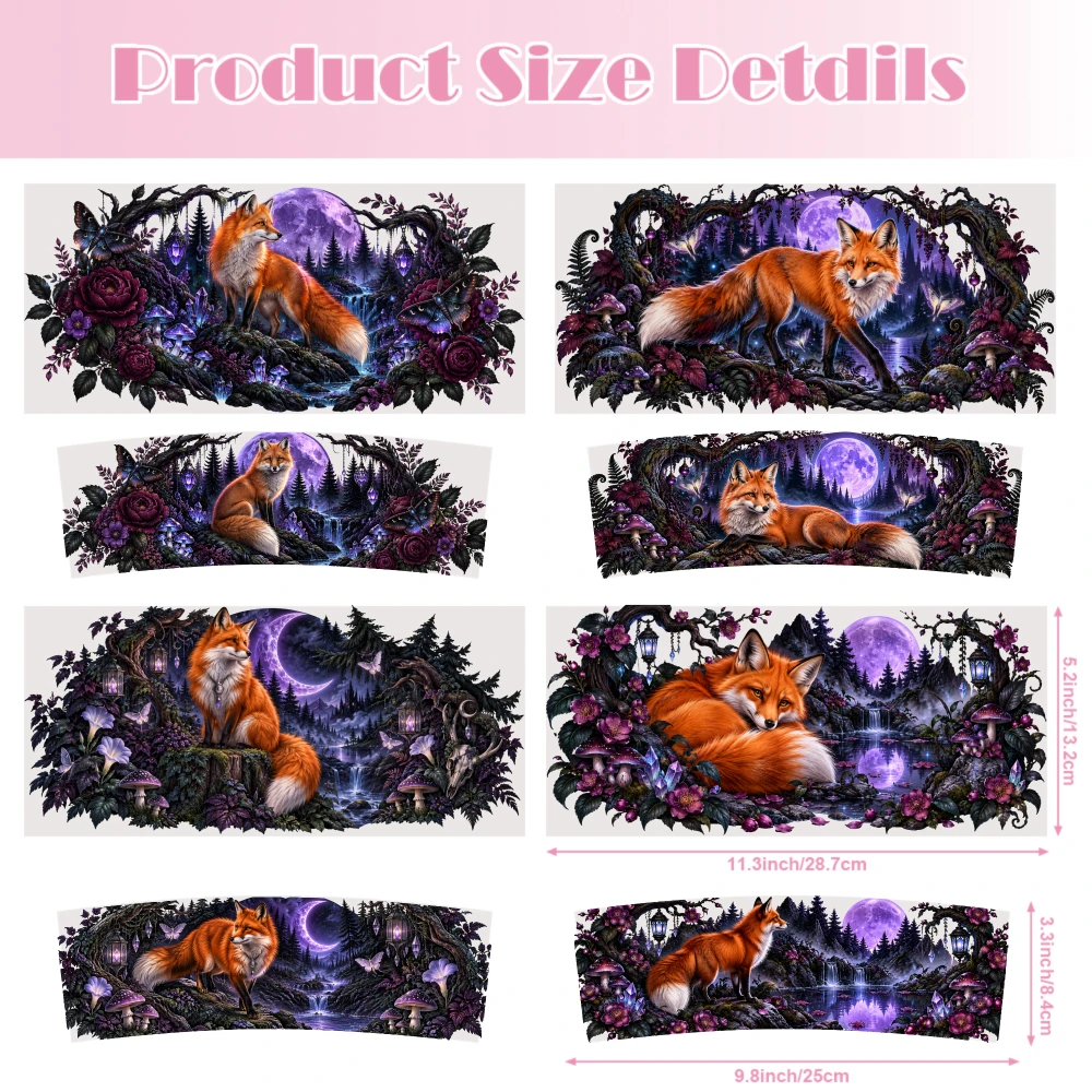 5 Sheets Mystical Fox Forest Moonlight Floral Wrap UV DTF Stickers for 16 oz Glass