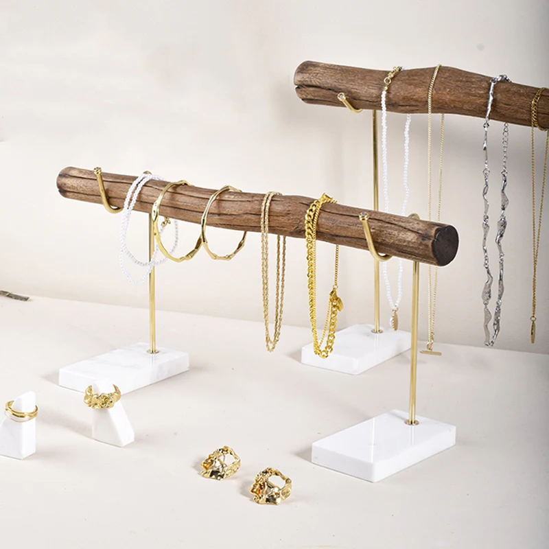 Wood Bangle Display Holder Brass Marble Base T-bar Bracelet Storage Jewelry Display Rack Necklace Hanging Organizer Home Deco