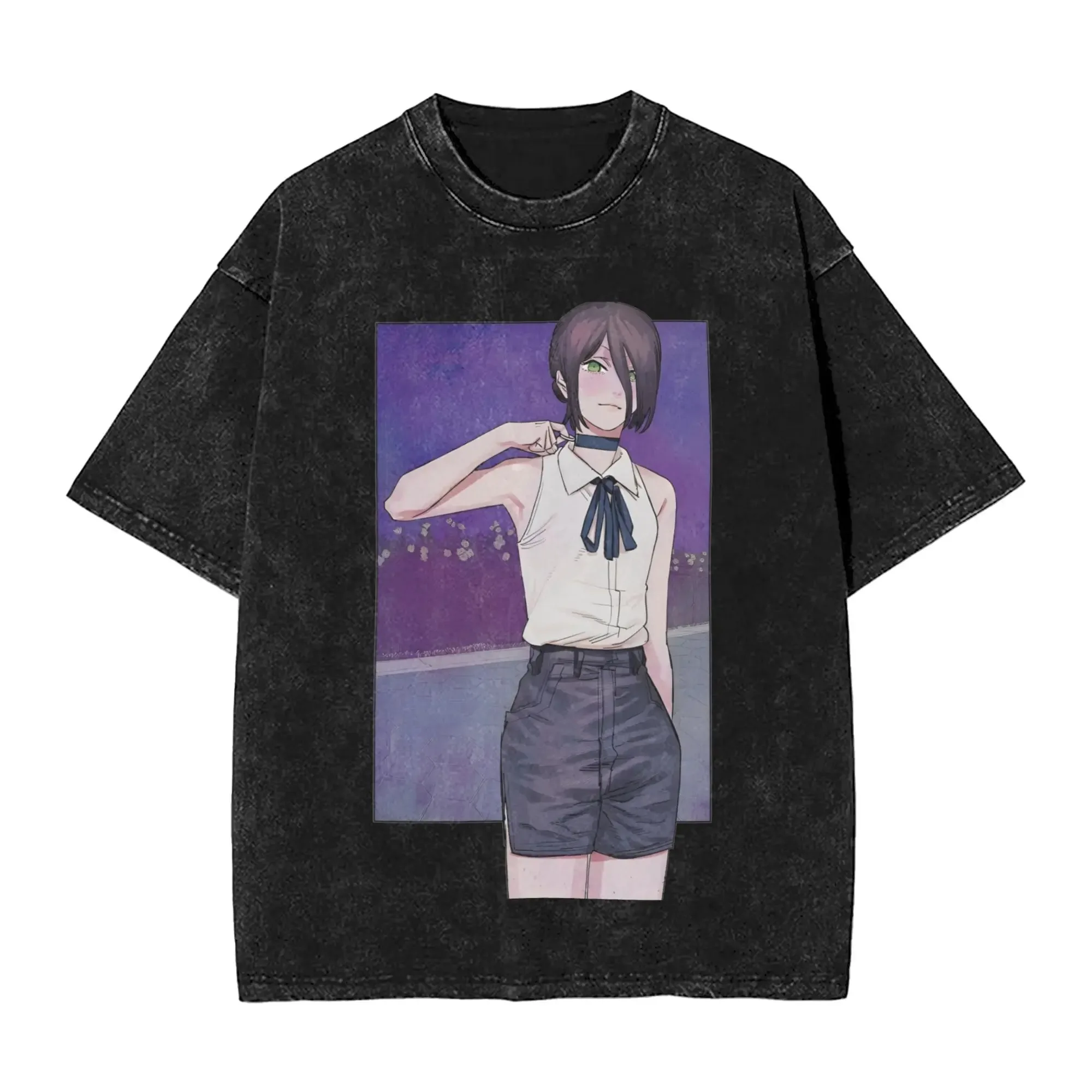 

Japan New Anime Movie Chainsaw Man Reze Washed Print T-Shirt Streetwear Hip Hop Vintage Style Bombs Devil Men Women Cotton Tees